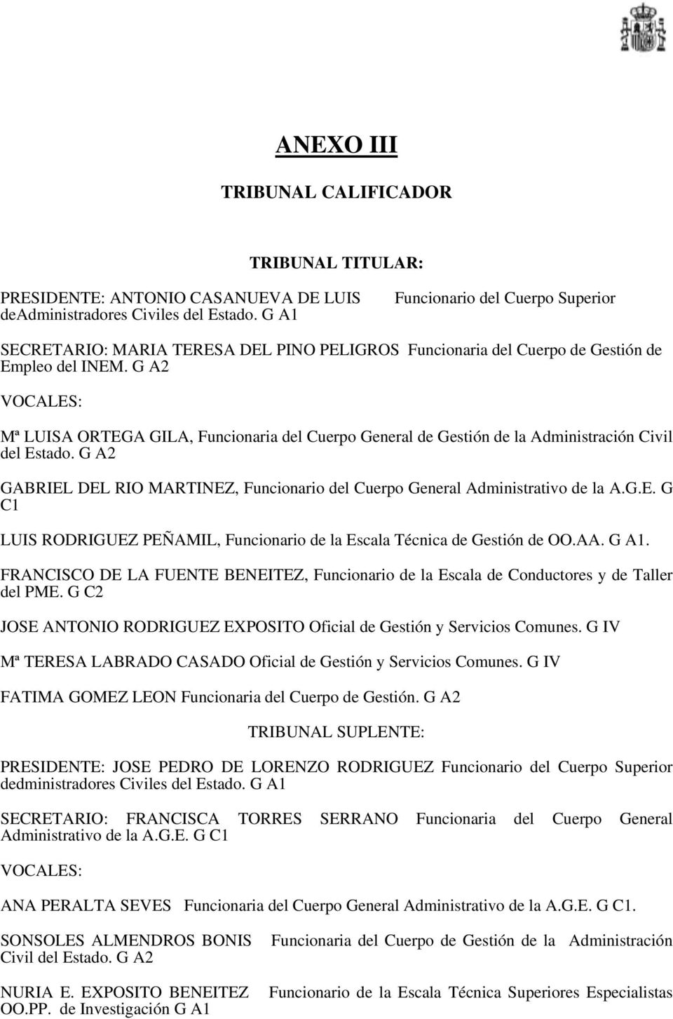 G A2 VOCALES: Mª LUISA ORTEGA GILA, Funcionaria del Cuerpo General de Gestión de la Administración Civil del Estado.
