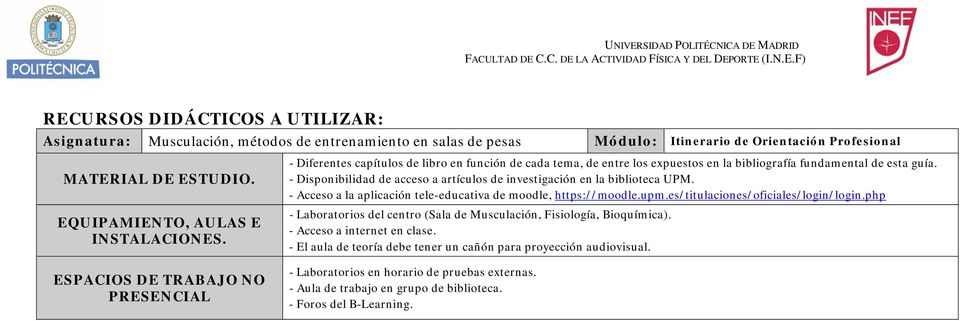 - Disponibilidad de acceso a artículos de investigación en la biblioteca UPM. - Acceso a la aplicación tele-educativa de moodle, https://moodle.upm.es/titulaciones/oficiales/login/login.