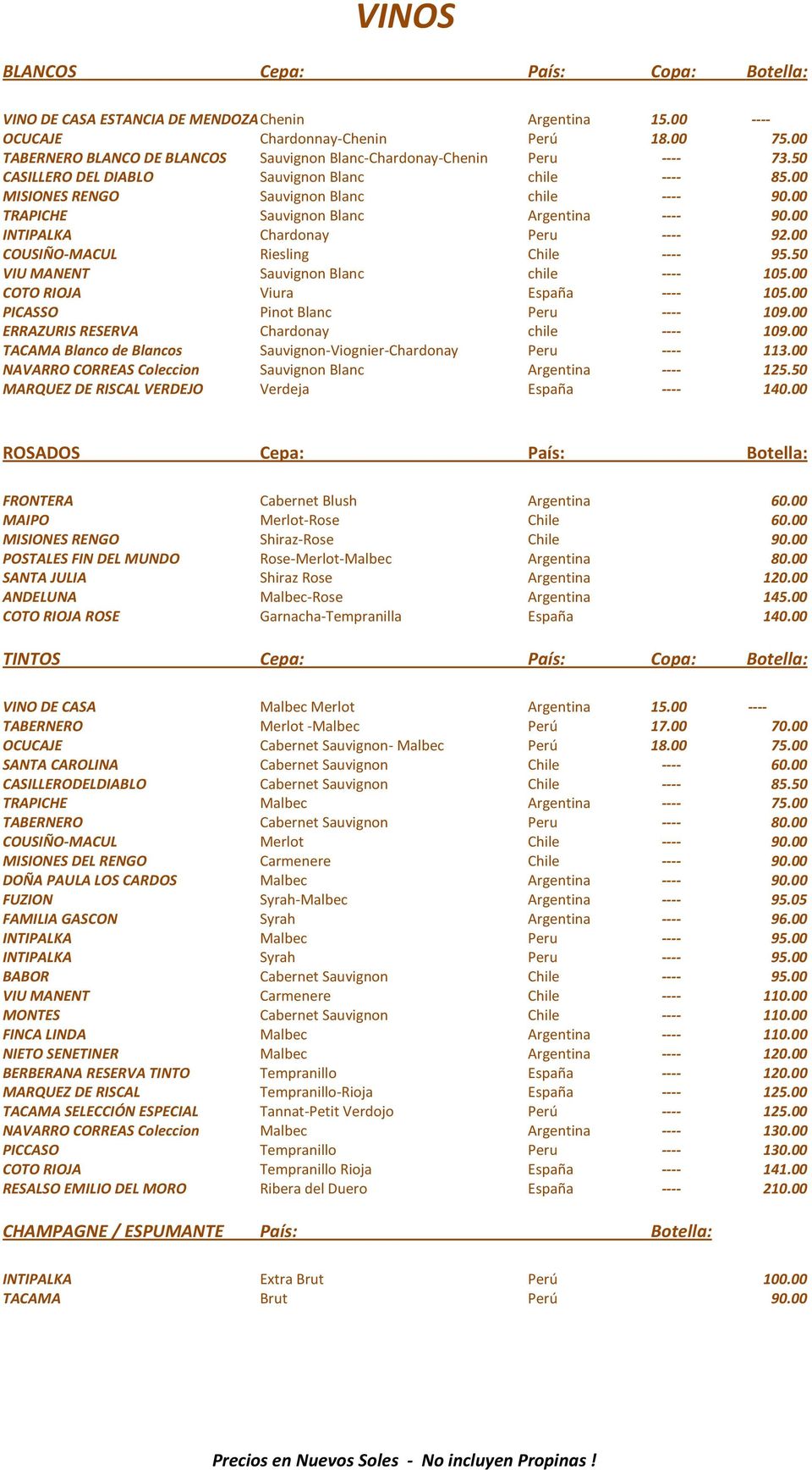 00 TRAPICHE Sauvignon Blanc Argentina ---- 90.00 INTIPALKA Chardonay Peru ---- 92.00 COUSIÑO-MACUL Riesling Chile ---- 95.50 VIU MANENT Sauvignon Blanc chile ---- 105.