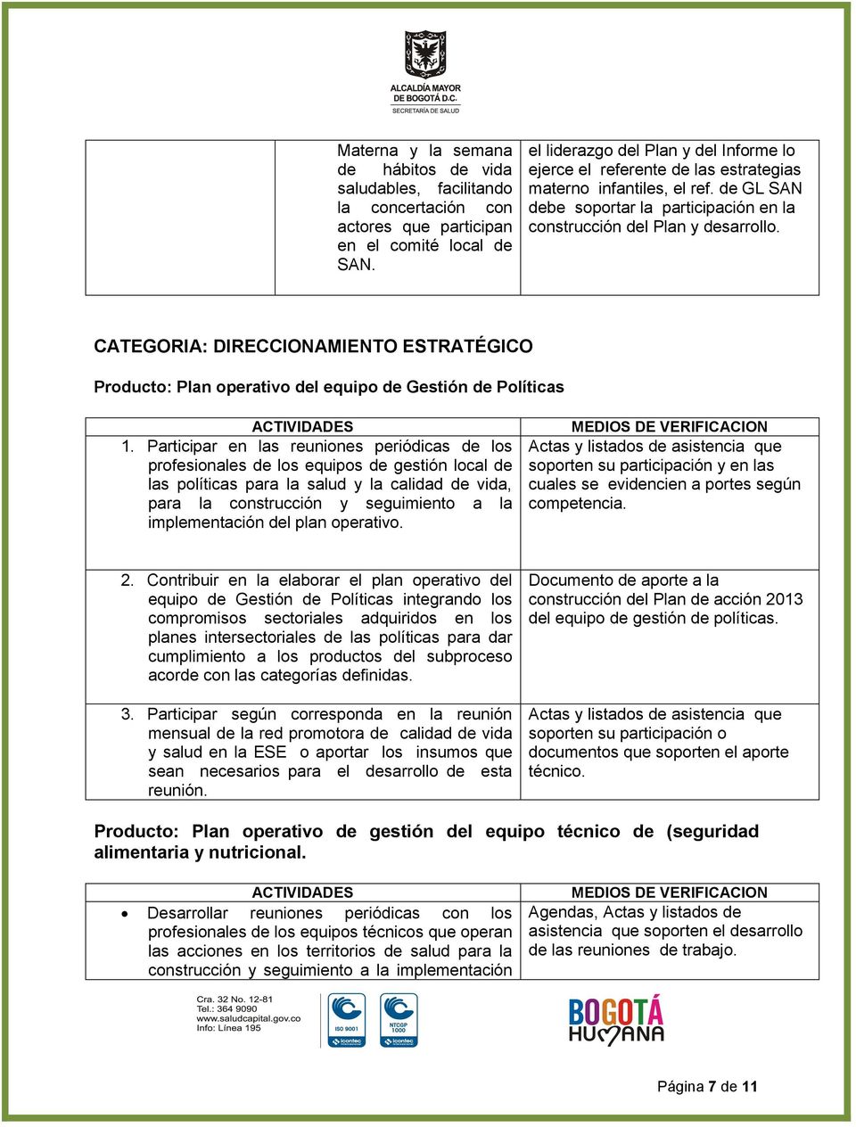 CATEGORIA: DIRECCIONAMIENTO ESTRATÉGICO Producto: Plan operativo del equipo de Gestión de Políticas ACTIVIDADES 1.