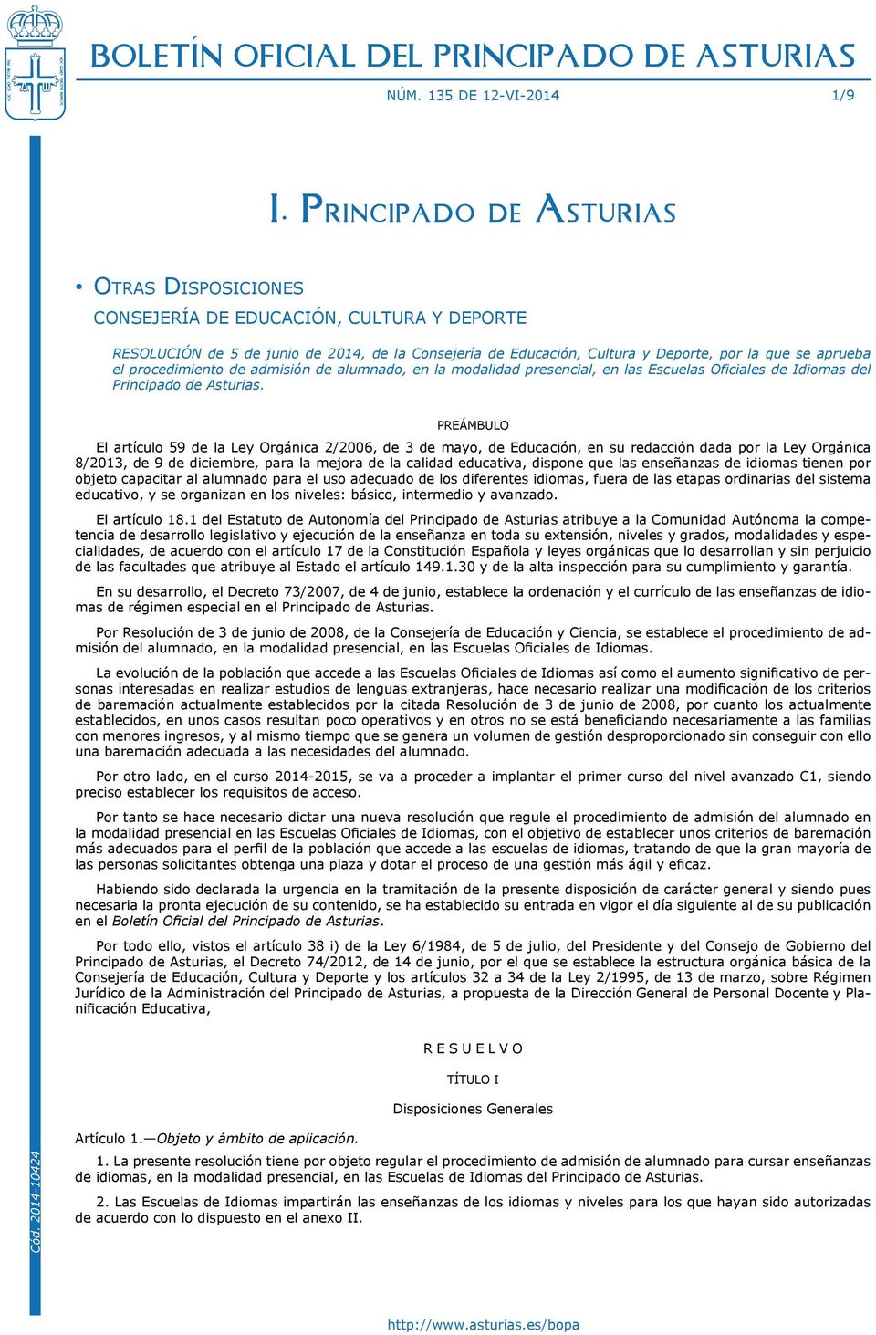 procedimiento de admisión de alumnado, en la modalidad presencial, en las Escuelas Oficiales de Idiomas del Principado de Asturias.