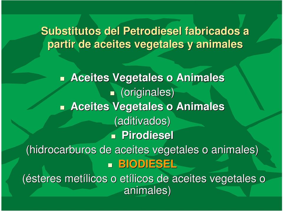 Animales (aditivados) Pirodiesel (hidrocarburos de aceites vegetales o