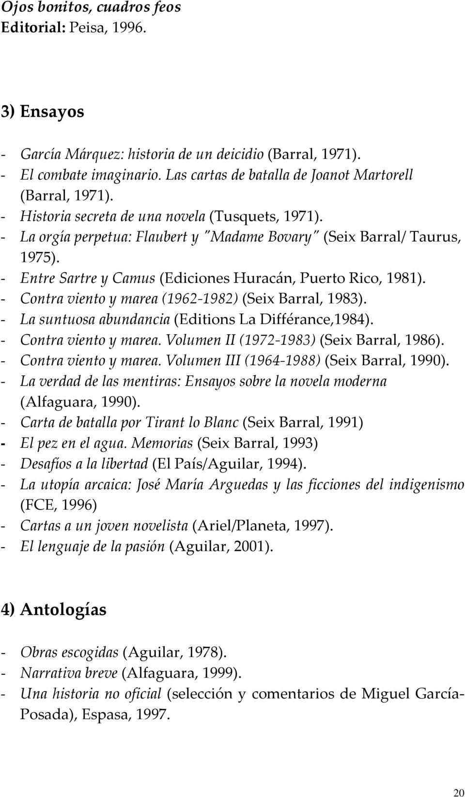 - Entre Sartre y Camus (Ediciones Huracán, Puerto Rico, 1981). - Contra viento y marea (1962 1982) (Seix Barral, 1983). - La suntuosa abundancia (Editions La Différance,1984). - Contra viento y marea. Volumen II (1972 1983) (Seix Barral, 1986).