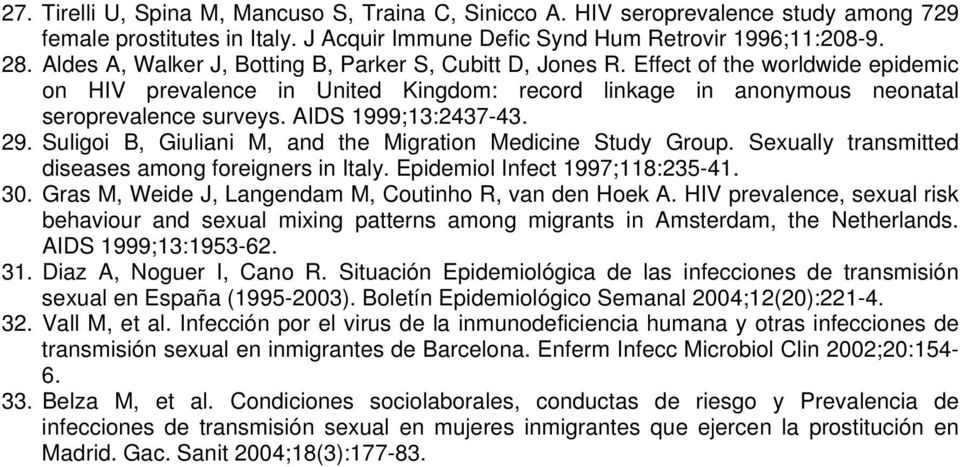 AIDS 1999;13:2437-43. 29. Suligoi B, Giuliani M, and the Migration Medicine Study Group. Sexually transmitted diseases among foreigners in Italy. Epidemiol Infect 1997;118:235-41. 30.