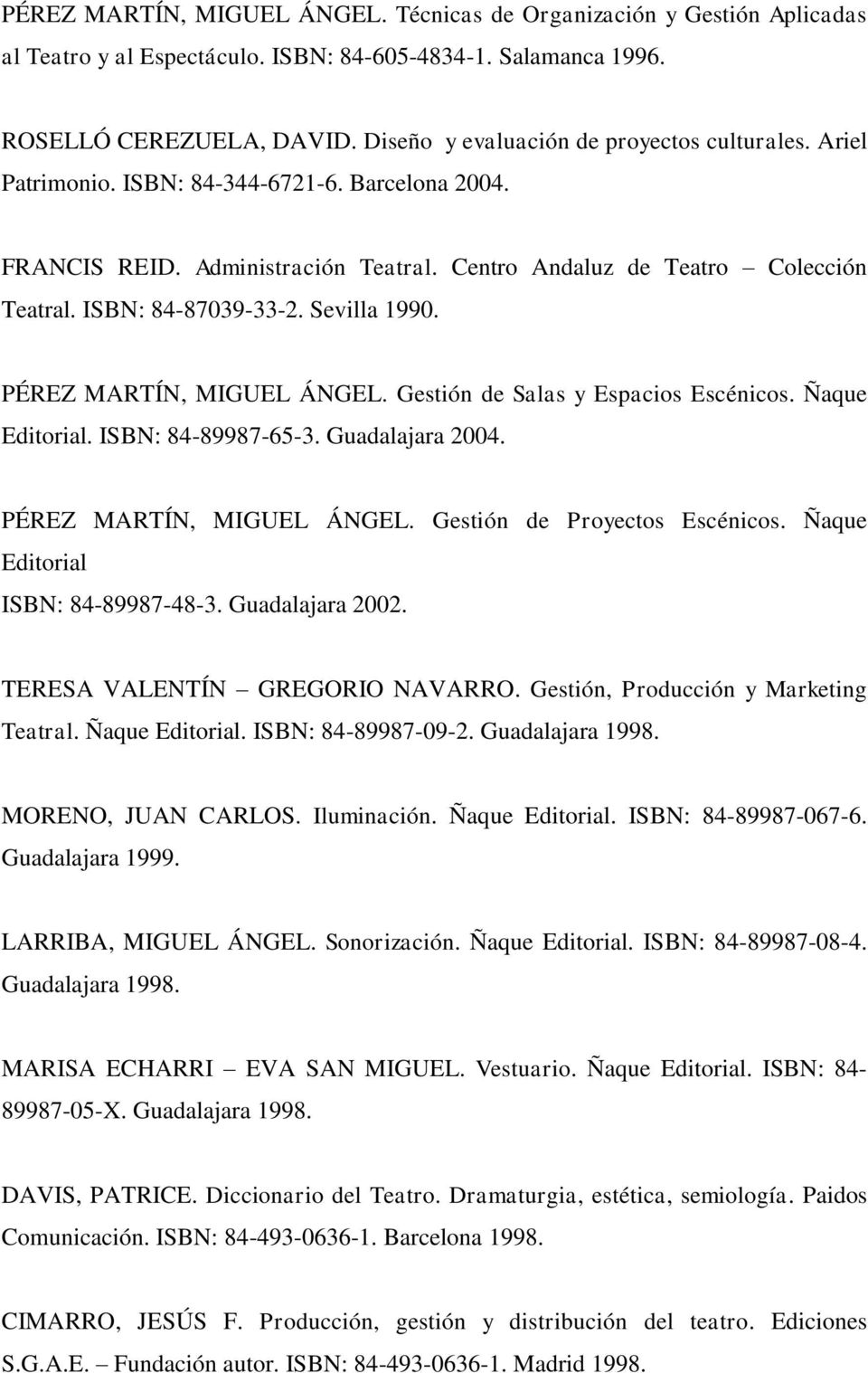ISBN: 84-87039-33-2. Sevilla 1990. PÉREZ MARTÍN, MIGUEL ÁNGEL. Gestión de Salas y Espacios Escénicos. Ñaque Editorial. ISBN: 84-89987-65-3. Guadalajara 2004. PÉREZ MARTÍN, MIGUEL ÁNGEL. Gestión de Proyectos Escénicos.