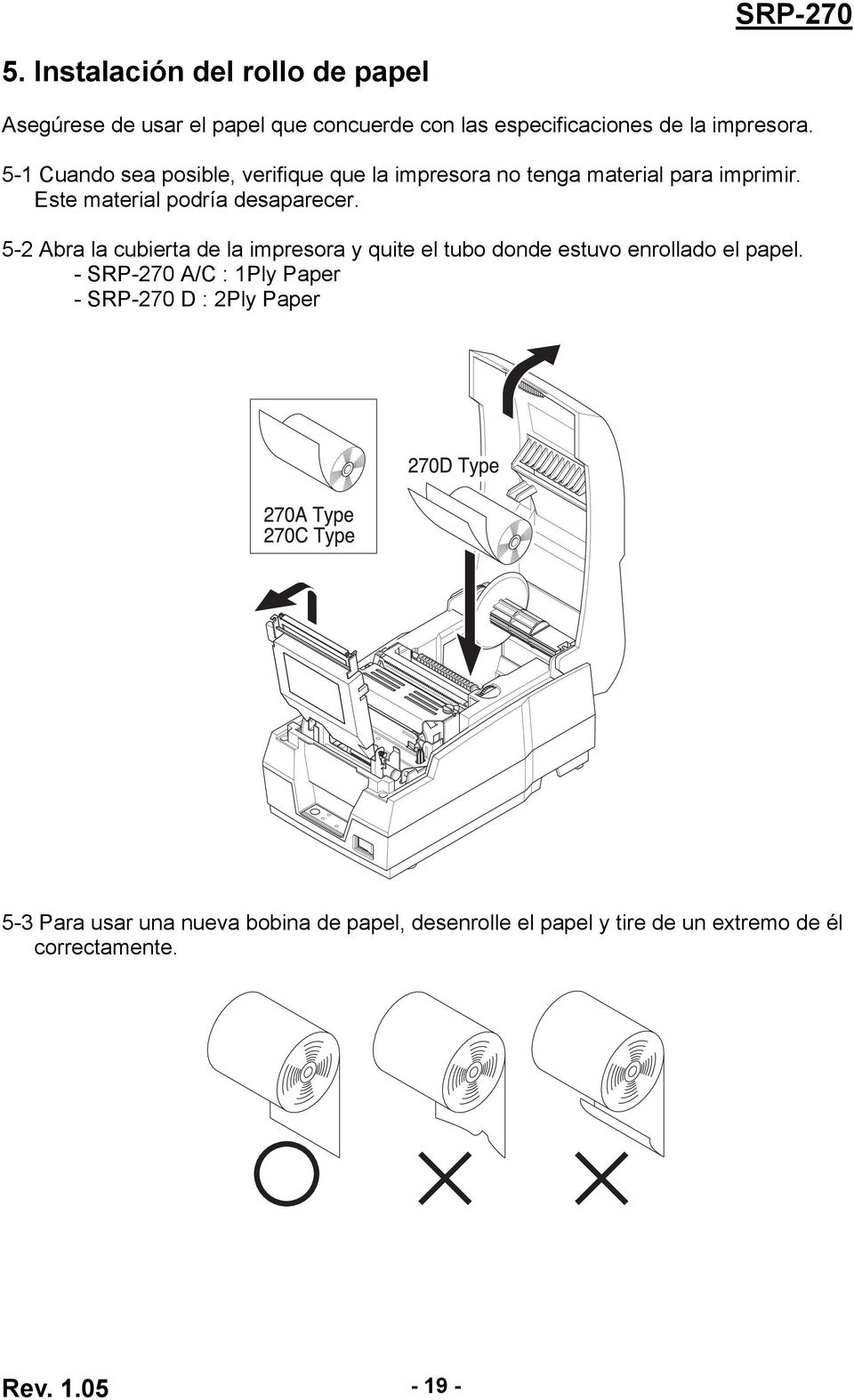 5-2 Abra la cubierta de la impresora y quite el tubo donde estuvo enrollado el papel.