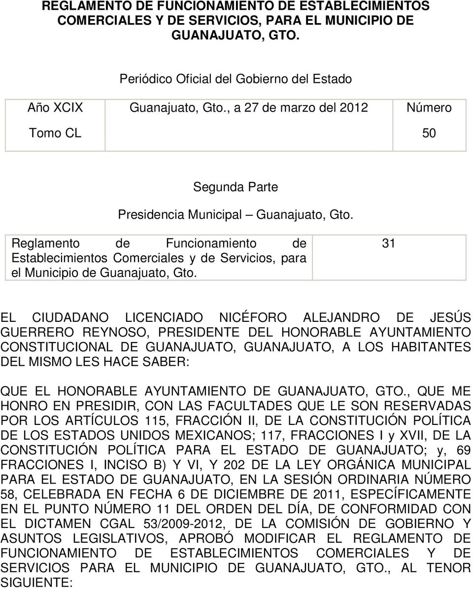 Reglamento de Funcionamiento de Establecimientos Comerciales y de Servicios, para el Municipio de Guanajuato, Gto.