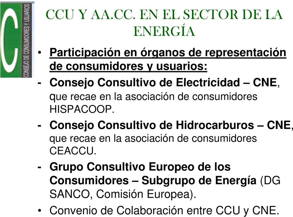 - Consejo Consultivo de Hidrocarburos CNE, que recae en la asociación de consumidores CEACCU.