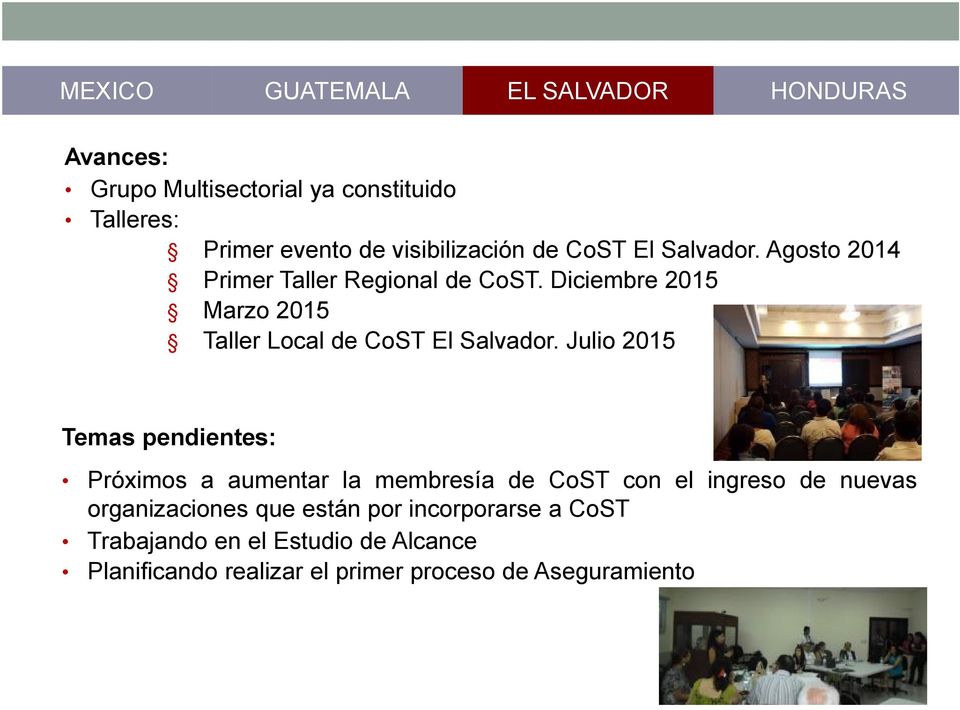 Julio 2015 Temas pendientes: Próximos a aumentar la membresía de CoST con el ingreso de nuevas organizaciones