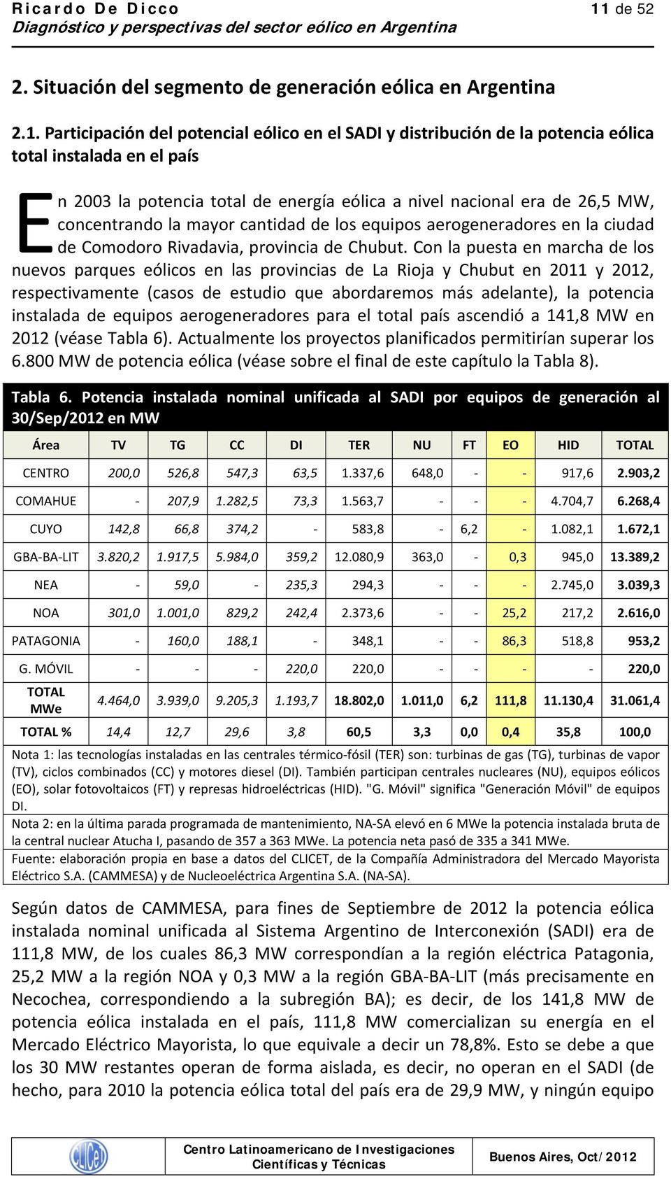 Con la puesta en marcha de los nuevos parques eólicos en las provincias de La Rioja y Chubut en 2011 y 2012, respectivamente (casos de estudio que abordaremos más adelante), la potencia instalada de