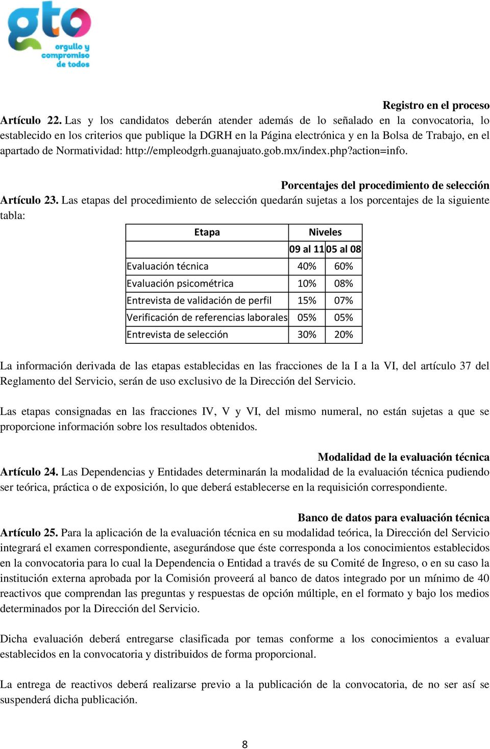 de Normatividad: http://empleodgrh.guanajuato.gob.mx/index.php?action=info. Porcentajes del procedimiento de selección Artículo 23.