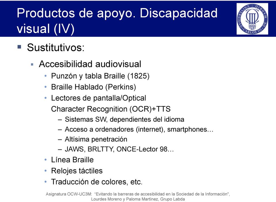 Braille Hablado (Perkins) Lectores de pantalla/optical Character Recognition (OCR)+TTS Sistemas