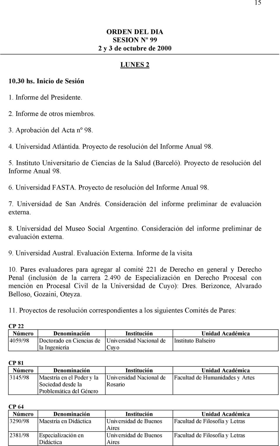 Proyecto de resolución del Informe Anual 98. 7. de San Andrés. Consideración del informe preliminar de evaluación externa. 8. del Museo Social Argentino.