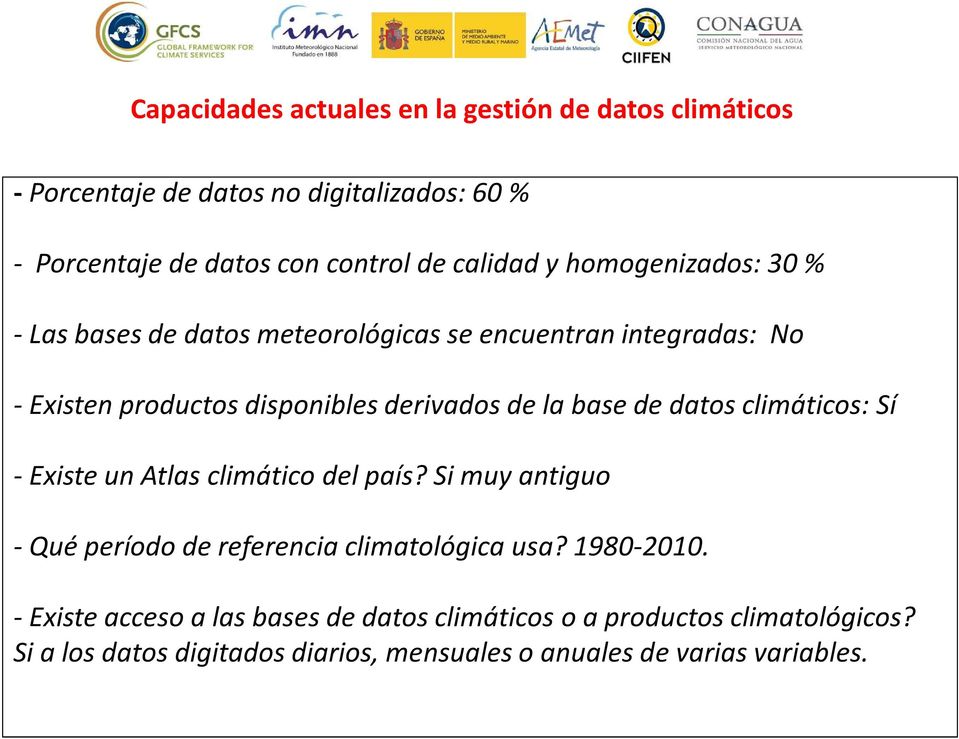 base de datos climáticos: Sí - Existe un Atlas climático del país? Si muy antiguo - Qué período de referencia climatológica usa? 1980-2010.