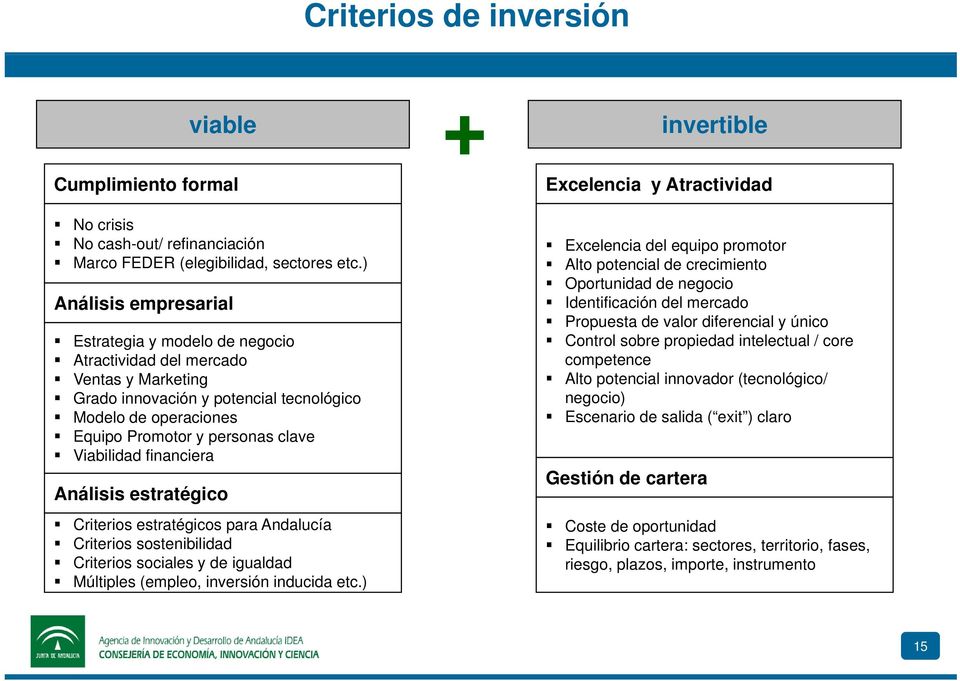 Viabilidad financiera Análisis estratégico Criterios estratégicos para Andalucía Criterios sostenibilidad Criterios sociales y de igualdad Múltiples (empleo, inversión inducida etc.
