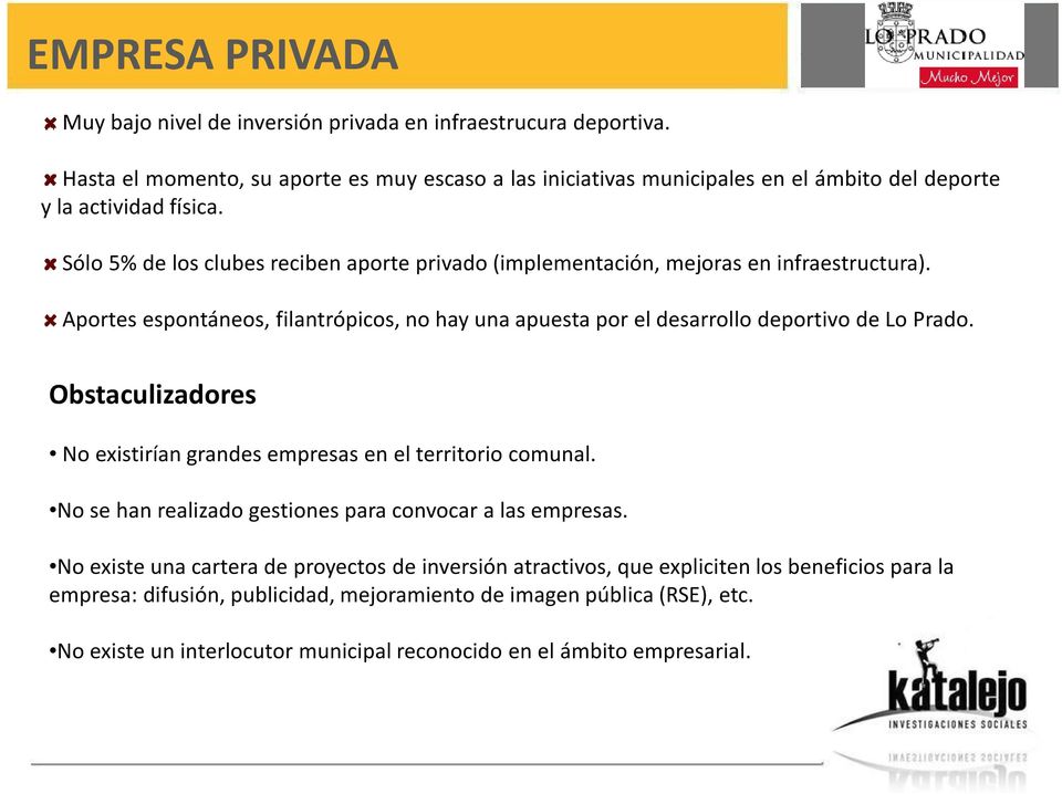 Sólo 5% de los clubes reciben aporte privado(implementación, mejoras en infraestructura). Aportes espontáneos, filantrópicos, no hay una apuesta por el desarrollo deportivo de Lo Prado.
