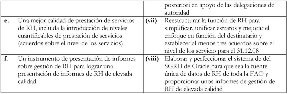 Reestructurar la función de RH para simplificar, unificar estratos y mejorar el enfoque en función del destinatario y establecer al menos tres acuerdos sobre el nivel de los servicio para
