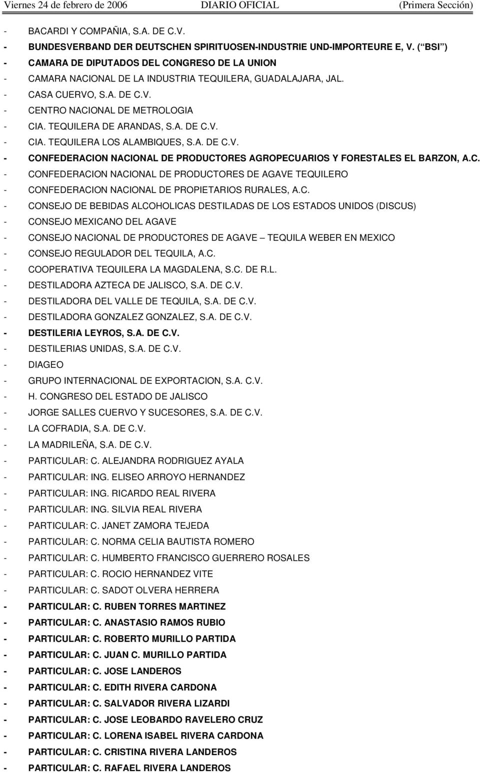 TEQUILERA DE ARANDAS, S.A. DE C.V. - CIA. TEQUILERA LOS ALAMBIQUES, S.A. DE C.V. - CONFEDERACION NACIONAL DE PRODUCTORES AGROPECUARIOS Y FORESTALES EL BARZON, A.C. - CONFEDERACION NACIONAL DE PRODUCTORES DE AGAVE TEQUILERO - CONFEDERACION NACIONAL DE PROPIETARIOS RURALES, A.