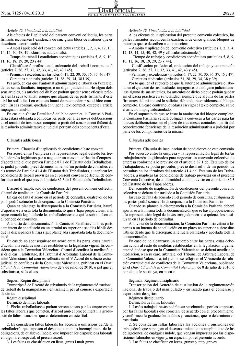aplicació del conveni coŀlectiu (articles 1, 2, 3, 4, 12, 13, 14, 15, 40, 48, 49 i clàusules addicionals).