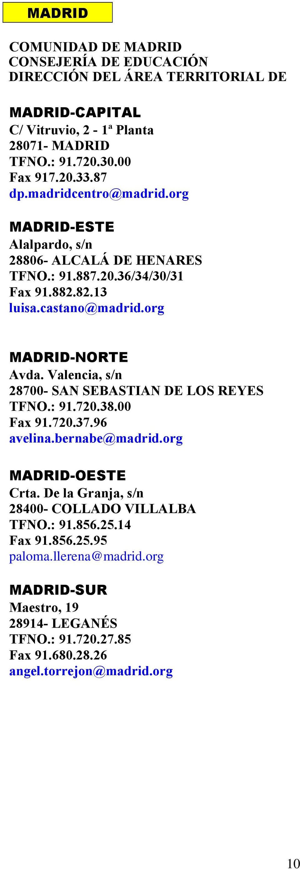 Valencia, s/n 28700- SAN SEBASTIAN DE LOS REYES TFNO.: 91.720.38.00 Fax 91.720.37.96 avelina.bernabe@madrid.org MADRID-OESTE Crta.