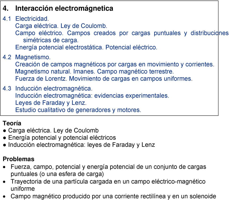 Fuerza de Lorentz. Movimiento de cargas en campos uniformes. 4.3 Inducción electromagnética. Inducción electromagnética: evidencias experimentales. Leyes de Faraday y Lenz.