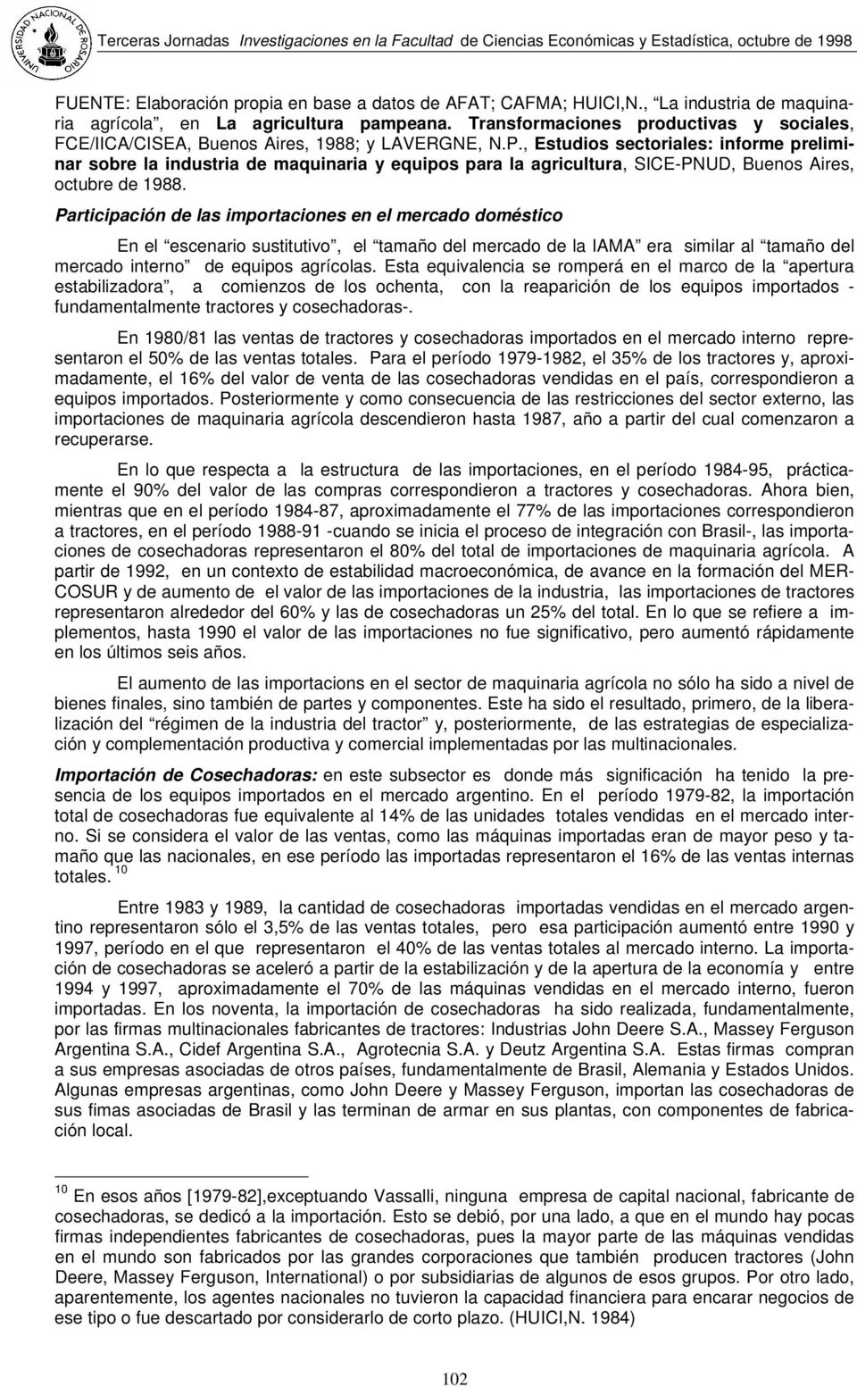 , Estudios sectoriales: informe preliminar sobre la industria de maquinaria y equipos para la agricultura, SICE-PNUD, Buenos Aires, octubre de 1988.