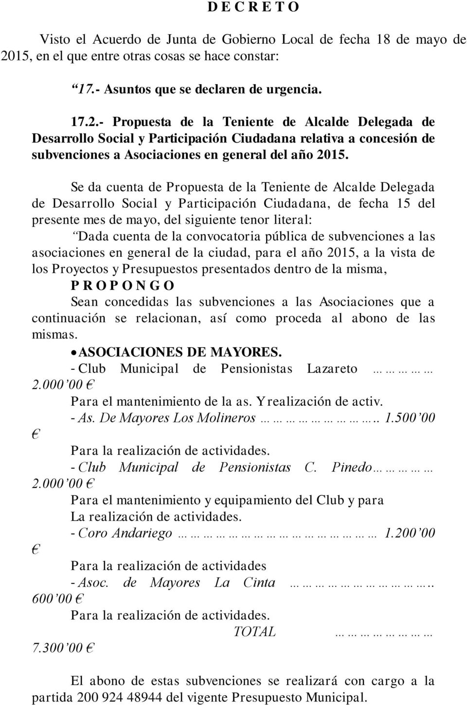 - Propuesta de la Teniente de Alcalde Delegada de Desarrollo Social y Participación Ciudadana relativa a concesión de subvenciones a Asociaciones en general del año 2015.