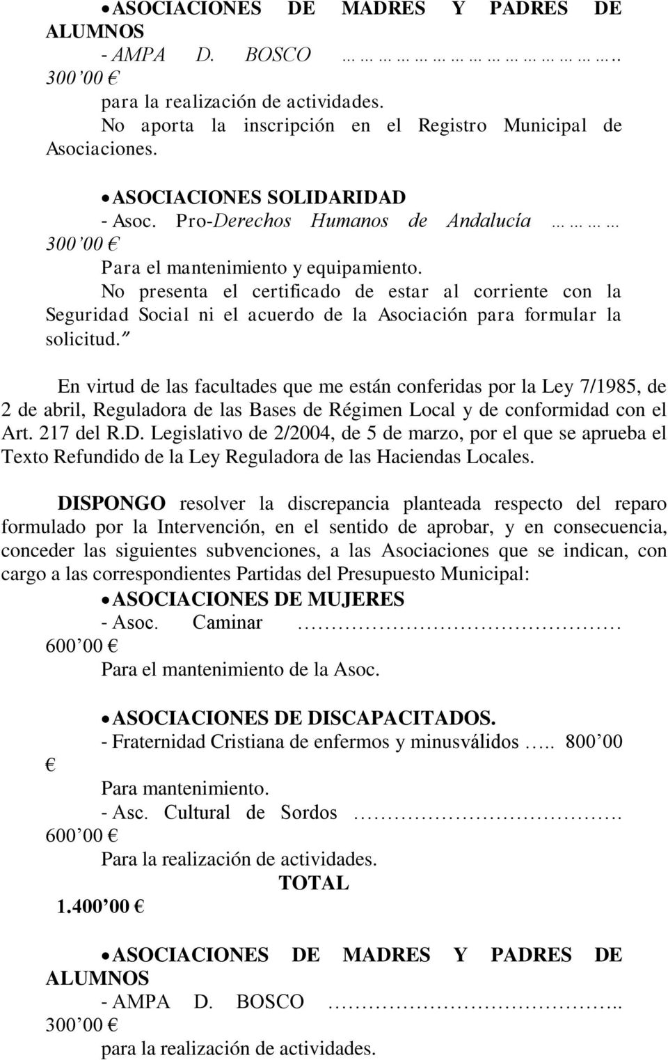 Pro-Derechos Humanos de Andalucía 300 00 No presenta el certificado de estar al corriente con la Seguridad Social ni el acuerdo de la Asociación para formular la solicitud.