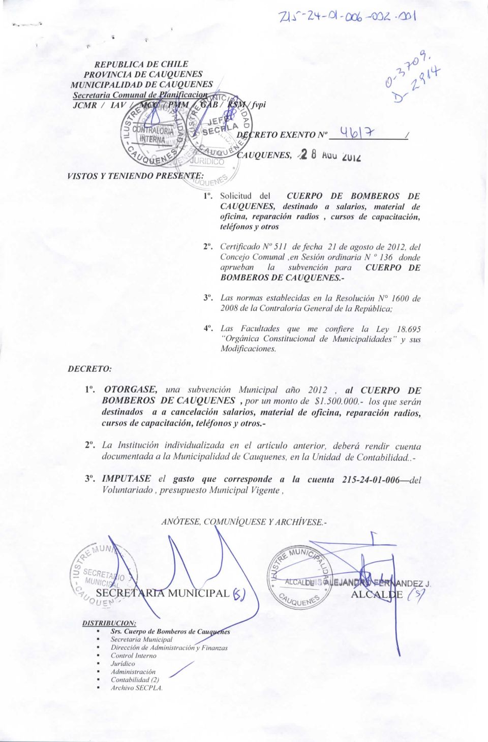 Certificado N 51 / de fecha 21 de agosto de 2012, del Concejo Comunal,en Sesión ordinaria N 136 donde aprueban la subvención para CUERPO DE BOMBEROS DE CAUQUENES.- 3".