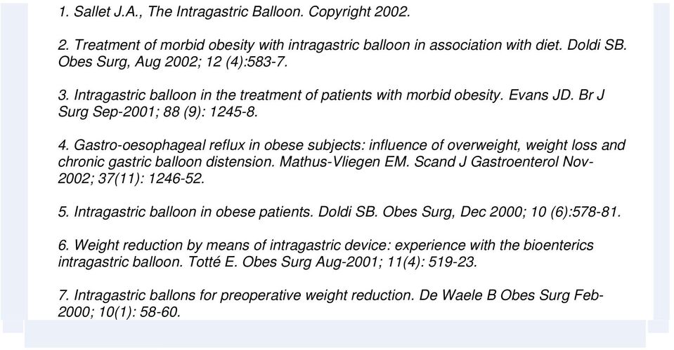 Gastro-oesophageal reflux in obese subjects: influence of overweight, weight loss and chronic gastric balloon distension. Mathus-Vliegen EM. Scand J Gastroenterol Nov- 2002; 37(11): 1246-52. 5.