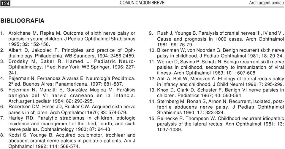 New York: WB Springer, 1996: 227-241. 4. Fejerman N, Fernández Alvarez E. Neurología Pediátrica. 2ª ed. Buenos Aires: Panamericana, 1997: 881-887. 5. Fejerman N, Manzitti E, González Mugica M.