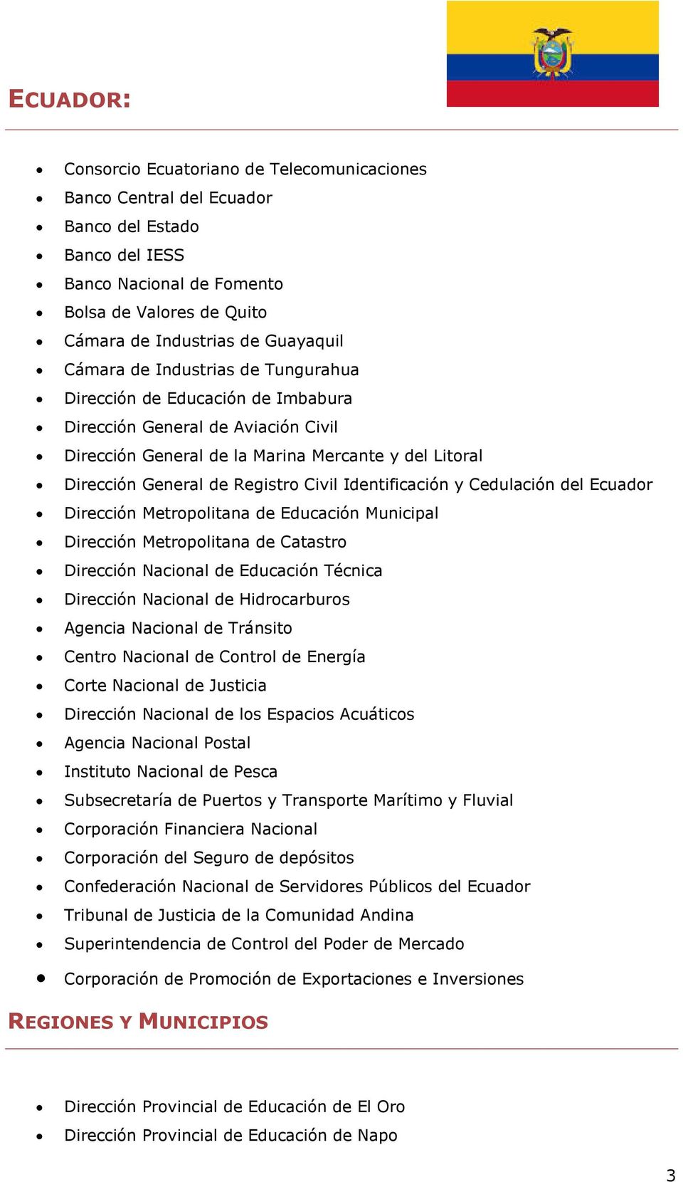 Identificación y Cedulación del Ecuador Dirección Metropolitana de Educación Municipal Dirección Metropolitana de Catastro Dirección Nacional de Educación Técnica Dirección Nacional de Hidrocarburos