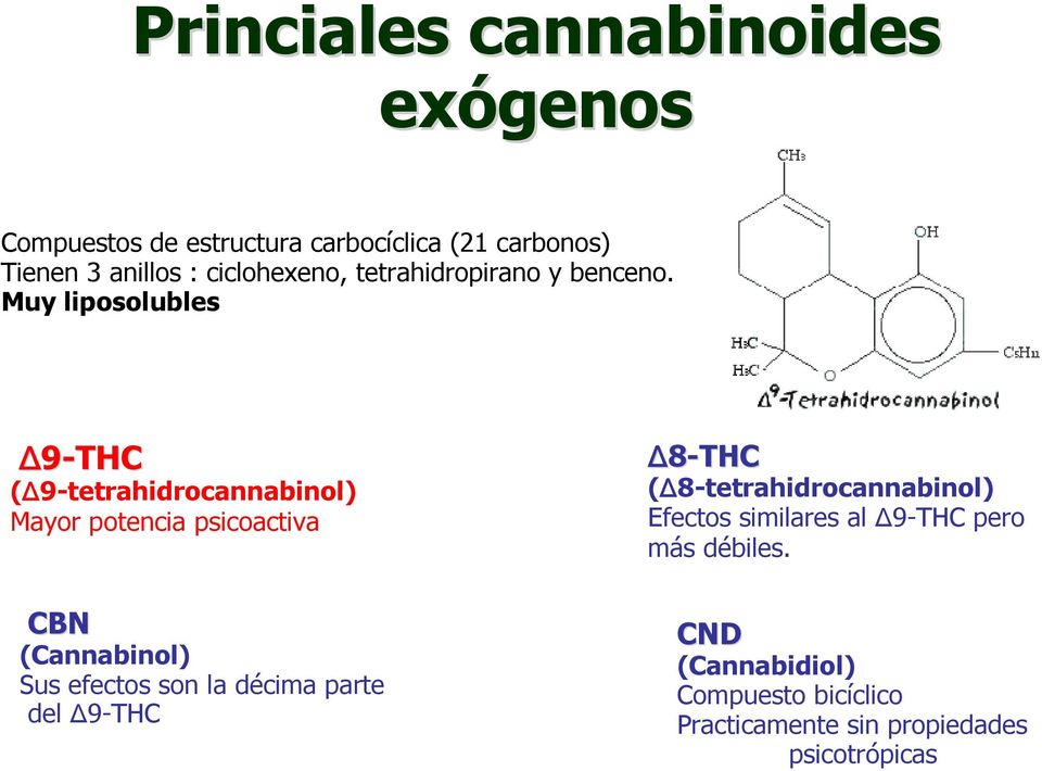 Muy liposolubles Δ9-THC (Δ9-tetrahidrocannabinol) Mayor potencia psicoactiva CBN (Cannabinol) Sus efectos son