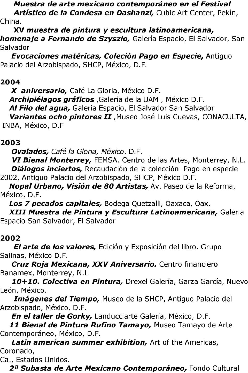 Arzobispado, SHCP, 2004 X aniversario, Café La Gloria, México Archipiélagos gráficos,galería de la UAM, México Al Filo del agua, Galería Espacio, El Salvador San Salvador Variantes ocho pintores
