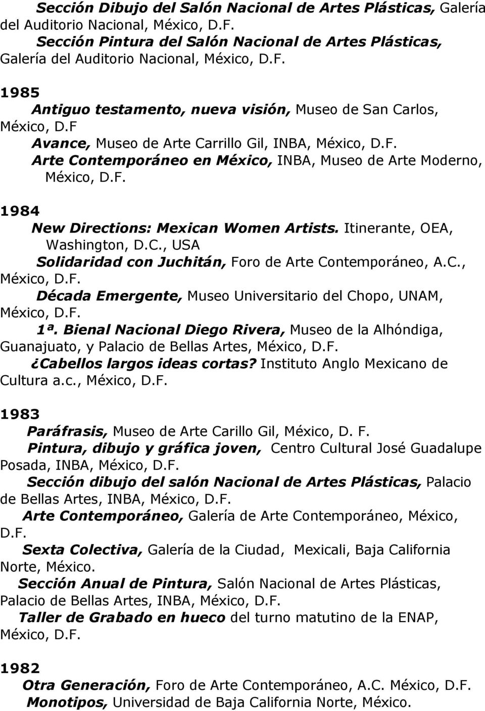 Itinerante, OEA, Washington, D.C., USA Solidaridad con Juchitán, Foro de Arte Contemporáneo, A.C., Década Emergente, Museo Universitario del Chopo, UNAM, 1ª.