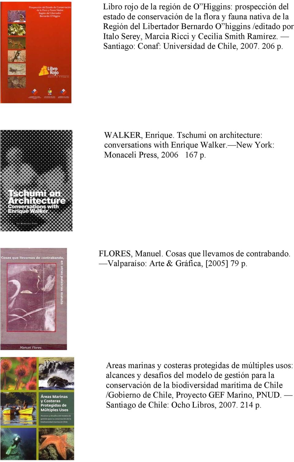New York: Monaceli Press, 2006 167 p. FLORES, Manuel. Cosas que llevamos de contrabando. Valparaíso: Arte & Gráfica, [2005] 79 p.