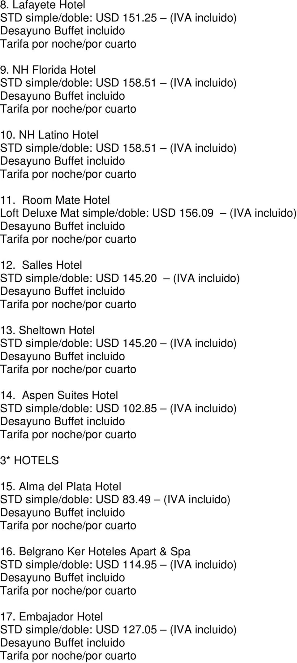 Salles Hotel STD simple/doble: USD 145.20 (IVA incluido) 13. Sheltown Hotel STD simple/doble: USD 145.20 (IVA incluido) 14. Aspen Suites Hotel STD simple/doble: USD 102.