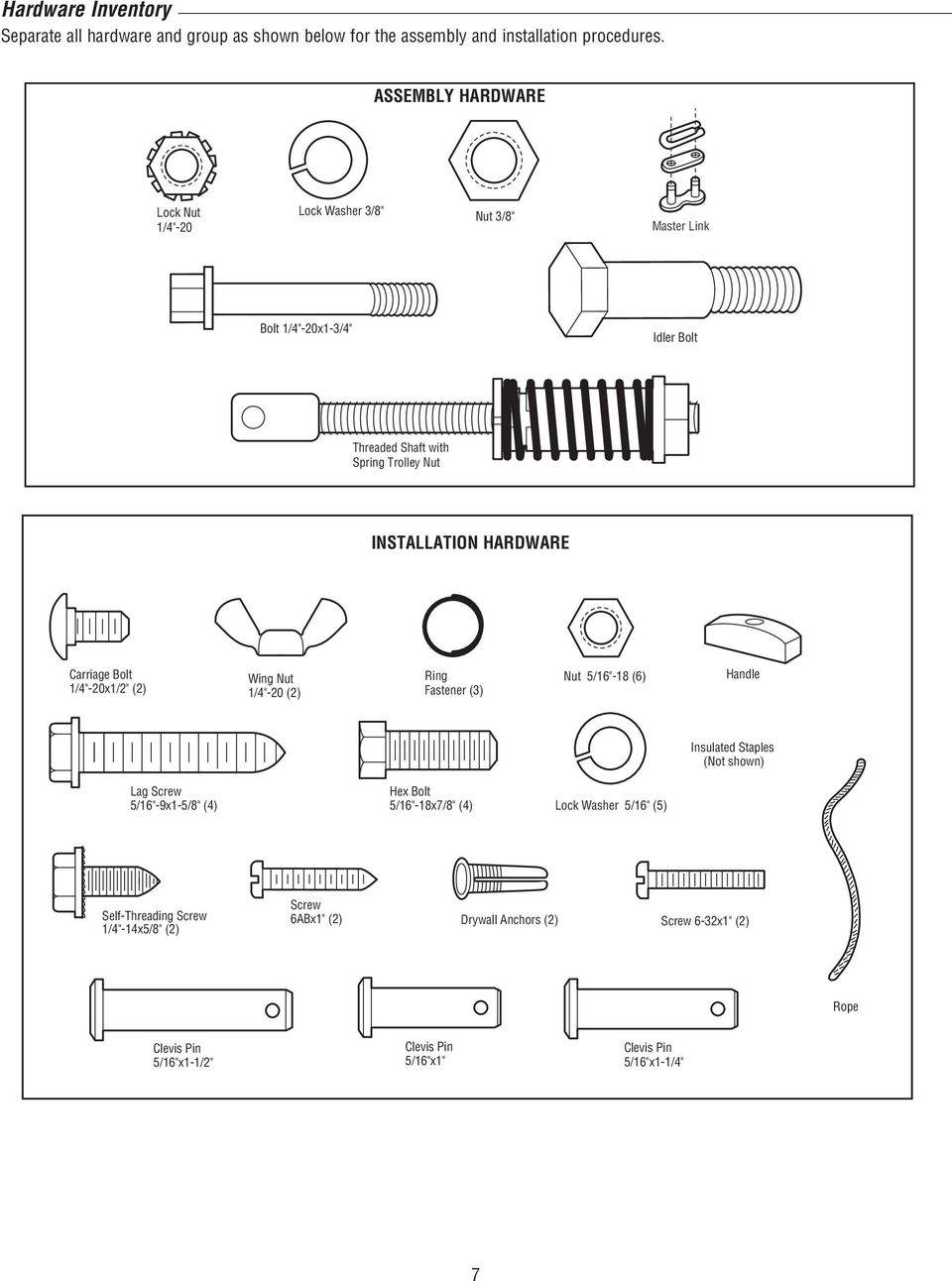 HARDWARE Carriage Bolt 1/4"-20x1/2" (2) Wing Nut 1/4"-20 (2) Ring Fastener (3) Nut 5/16"-18 (6) Handle Insulated Staples (Not shown) Lag Screw 5/16"-9x1-5/8" (4)