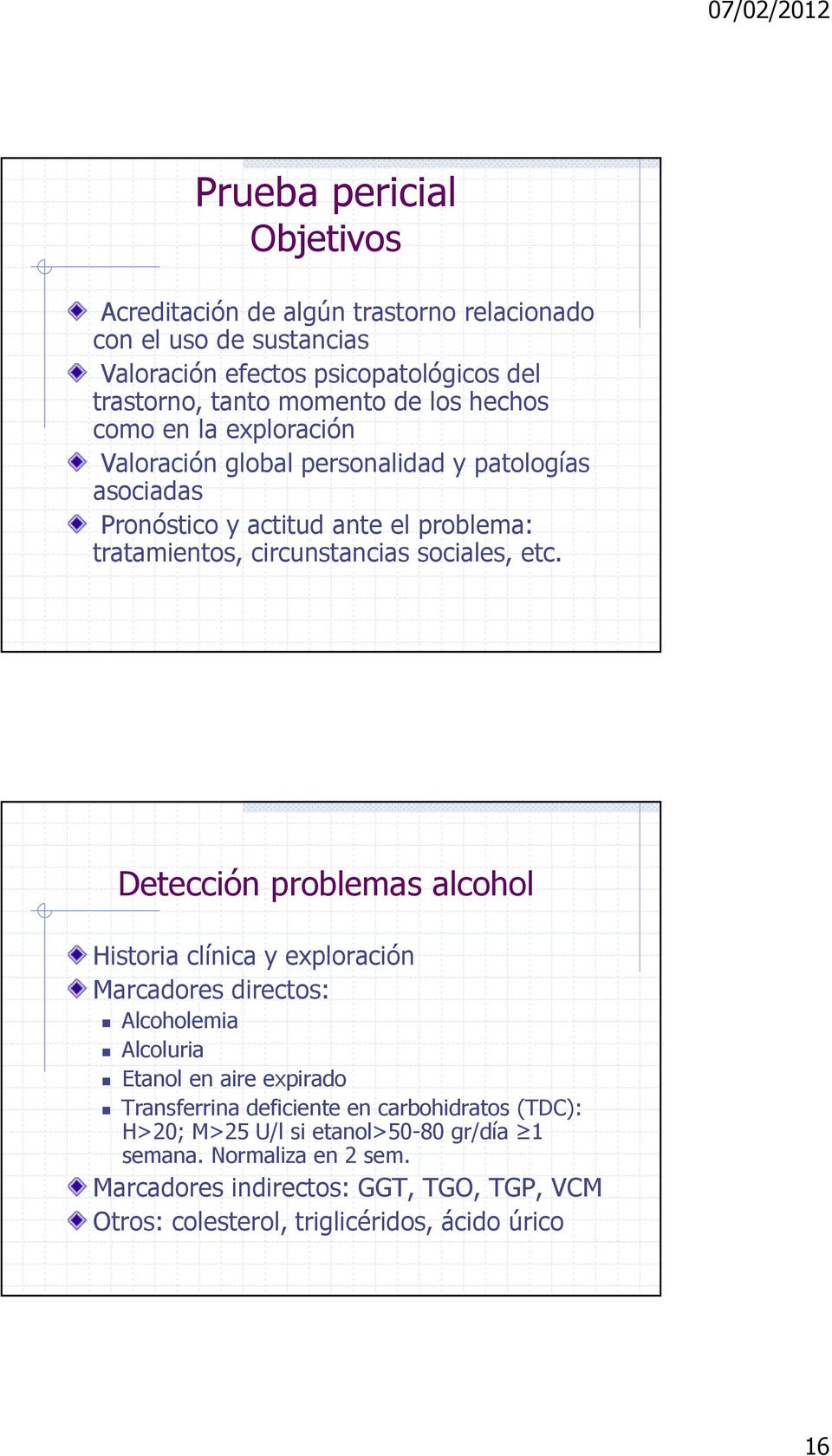 Detección problemas alcohol Historia clínica y exploración Marcadores directos: Alcoholemia Alcoluria Etanol en aire expirado Transferrina deficiente en carbohidratos