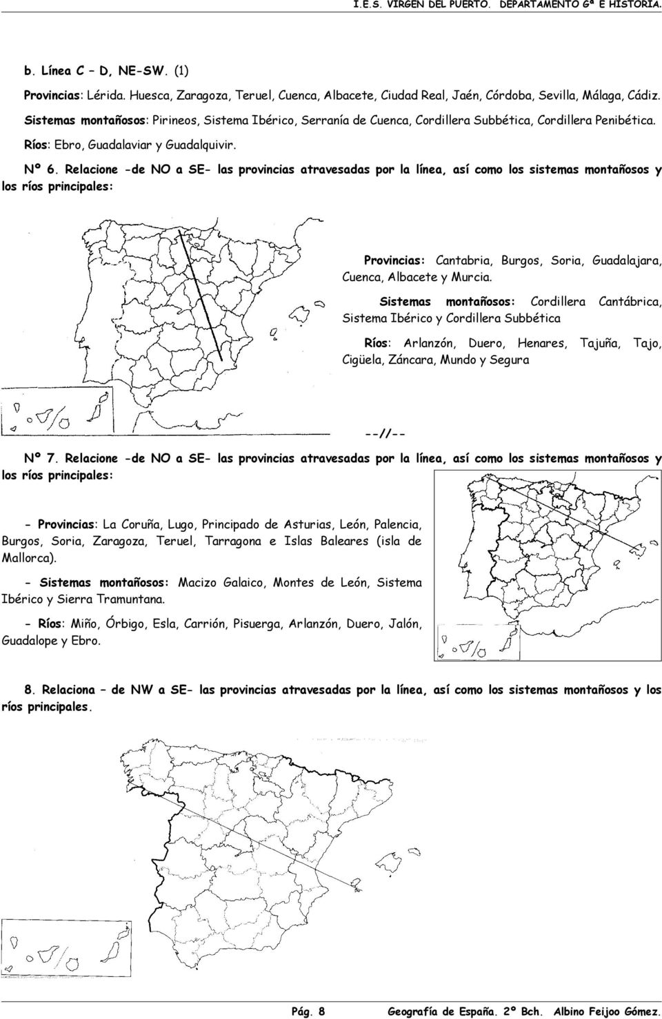 Relacione -de NO a SE- las provincias atravesadas por la línea, así como los sistemas montañosos y los ríos principales: Provincias: Cantabria, Burgos, Soria, Guadalajara, Cuenca, Albacete y Murcia.