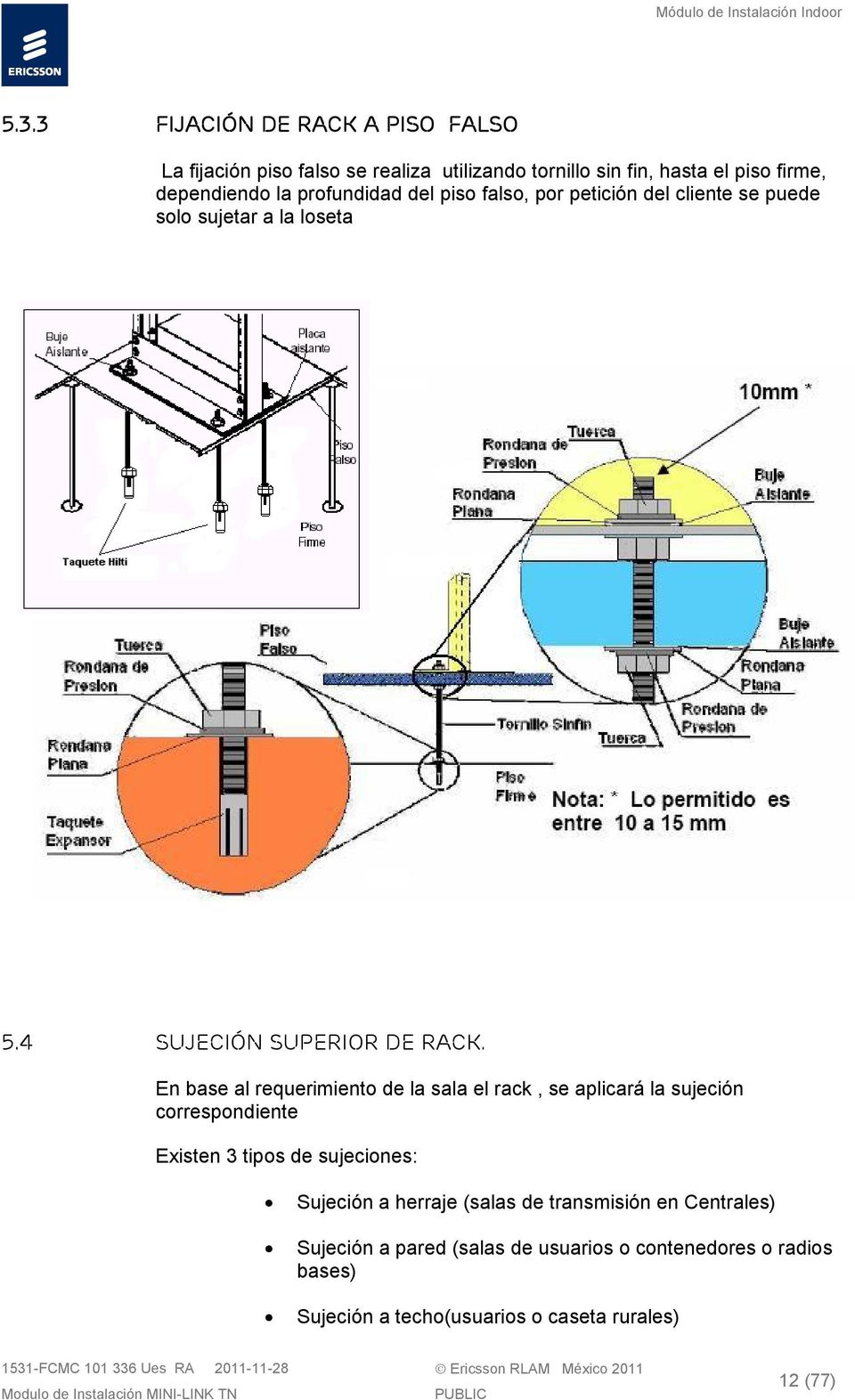 En base al requerimiento de la sala el rack, se aplicará la sujeción correspondiente Existen 3 tipos de sujeciones: Sujeción a herraje