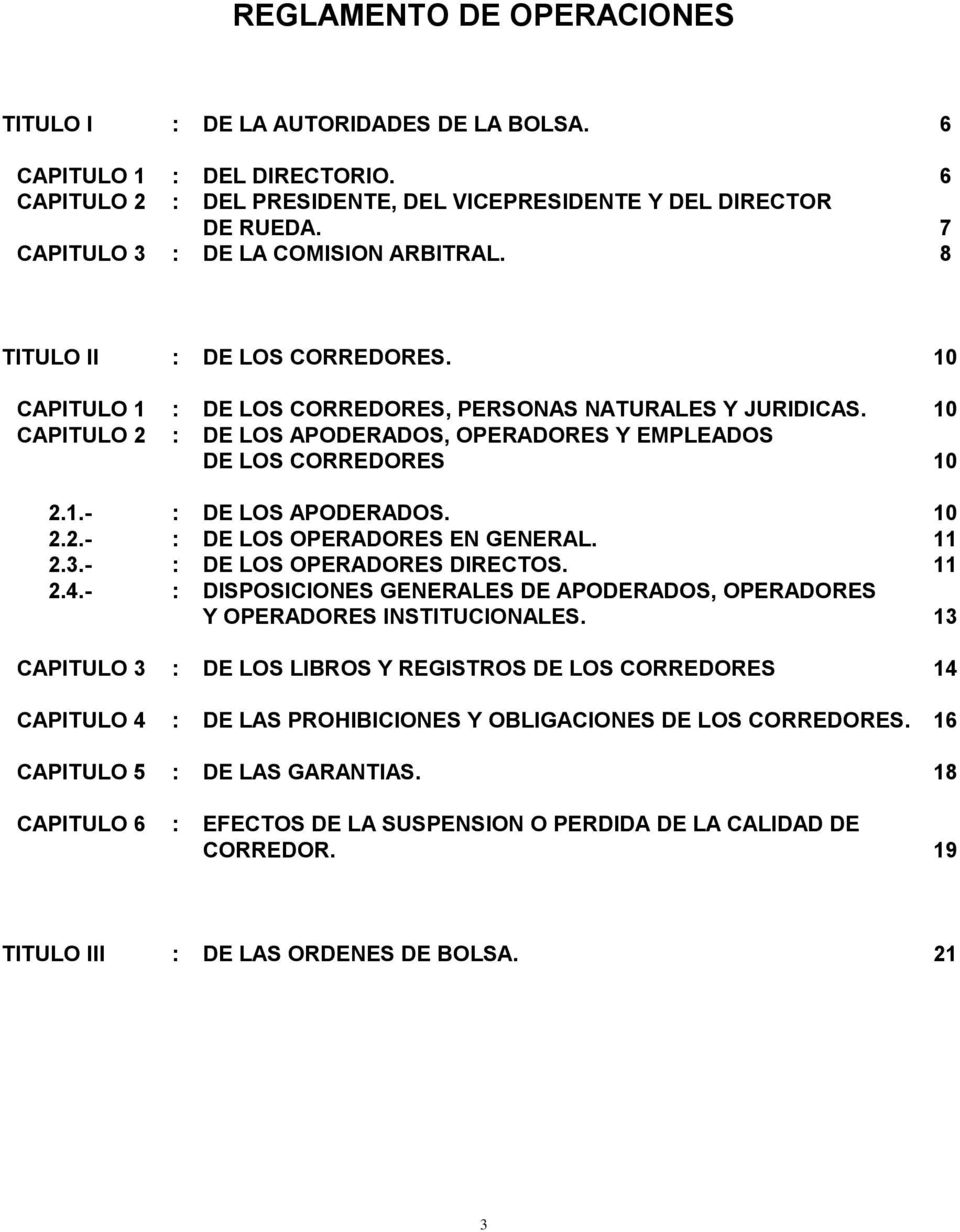 10 CAPITULO 2 : DE LOS APODERADOS, OPERADORES Y EMPLEADOS DE LOS CORREDORES 10 2.1.- : DE LOS APODERADOS. 10 2.2.- : DE LOS OPERADORES EN GENERAL. 11 2.3.- : DE LOS OPERADORES DIRECTOS. 11 2.4.