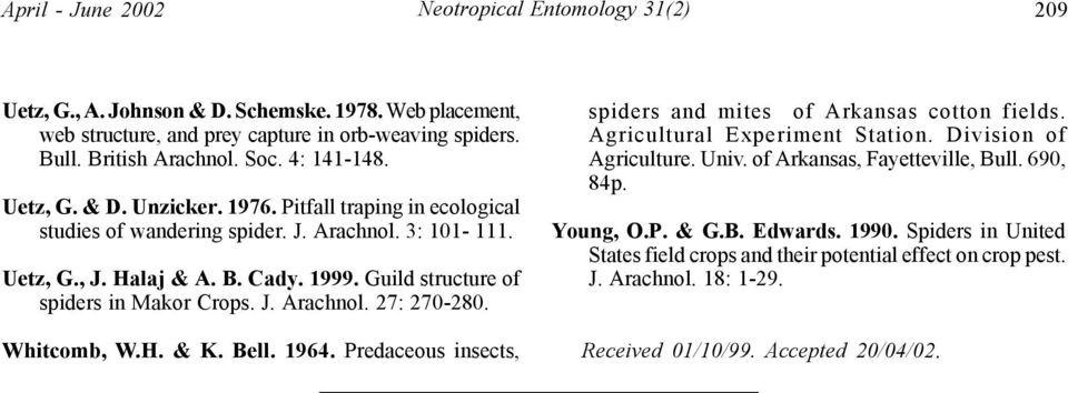 Guild structure of spiders in Makor Crops. J. Arachnol. 27: 270-280. Whitcomb, W.H. & K. Bell. 1964. Predaceous insects, spiders and mites of Arkansas cotton fields. Agricultural Experiment Station.