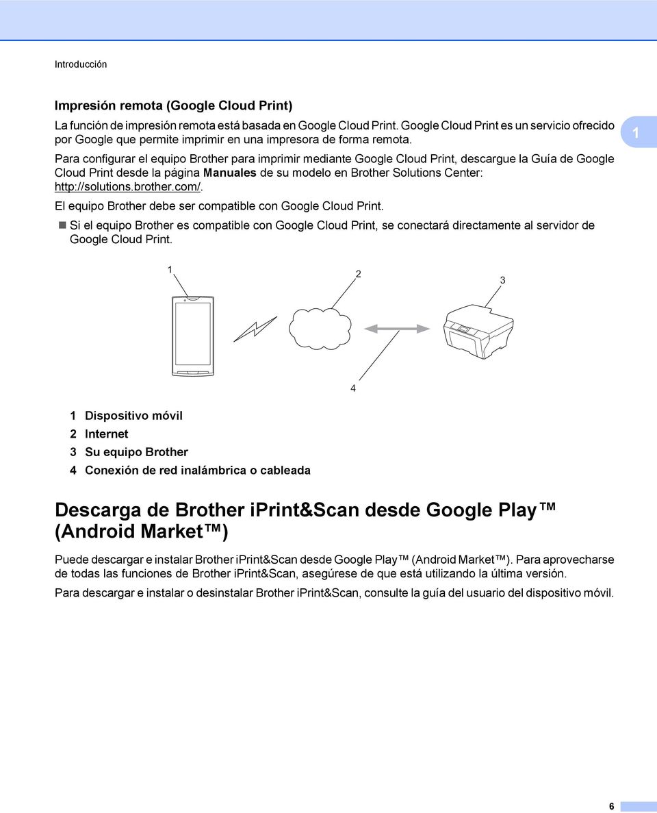 Para configurar el equipo Brother para imprimir mediante Google Cloud Print, descargue la Guía de Google Cloud Print desde la página Manuales de su modelo en Brother Solutions Center: