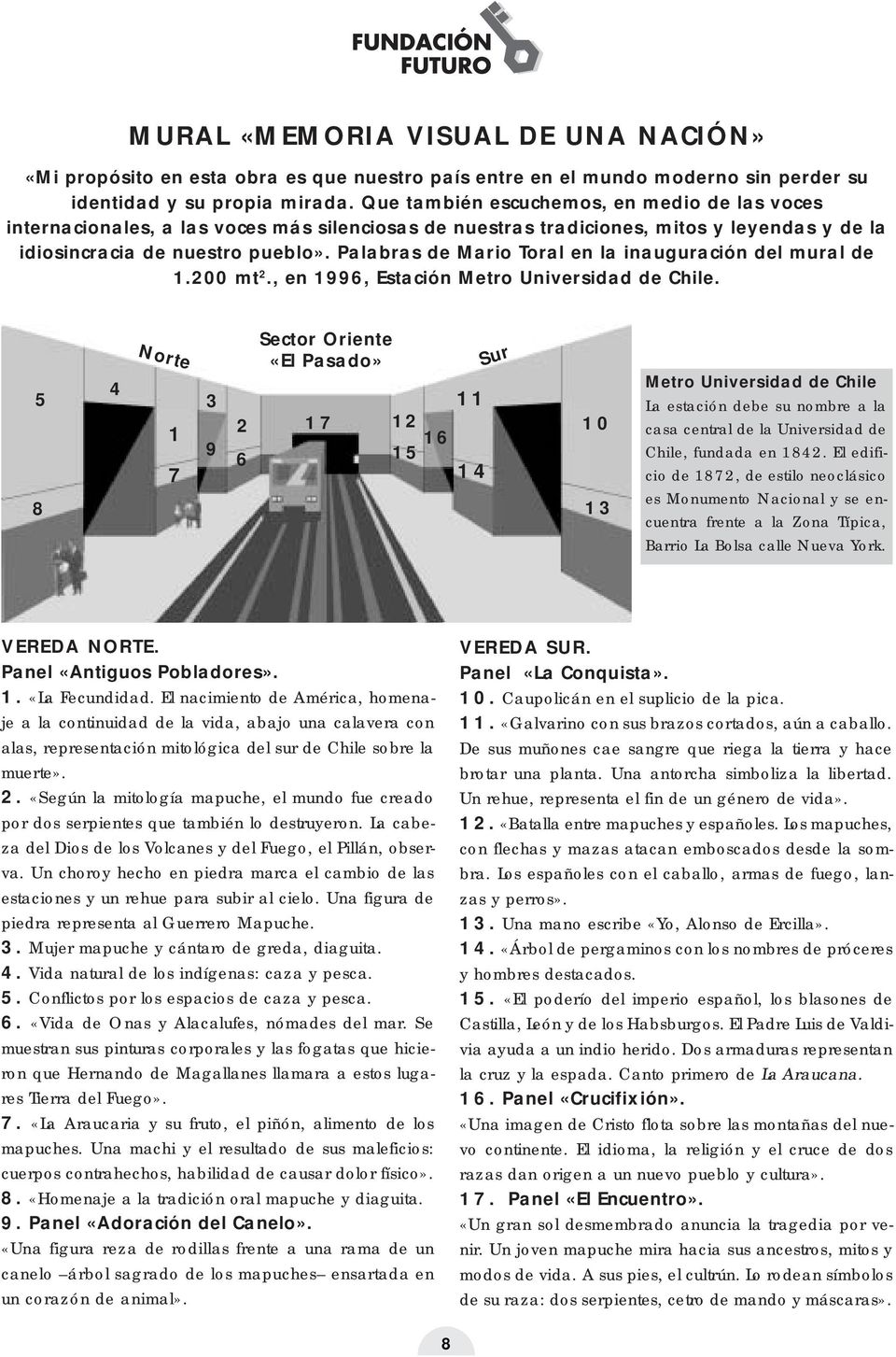 Palabras de Mario Toral en la inauguración del mural de 1.200 mt 2., en 1996, Estación Metro Universidad de Chile.