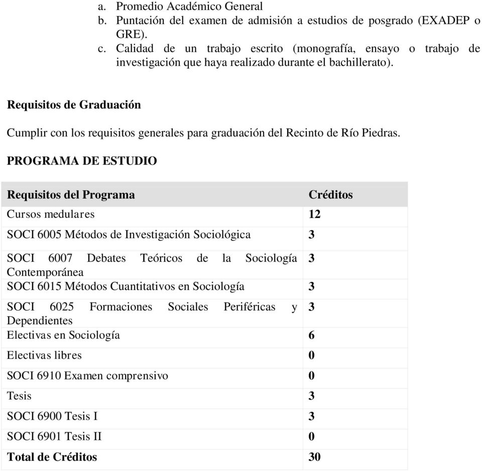 Requisitos de Graduación Cumplir con los requisitos generales para graduación del Recinto de Río Piedras.