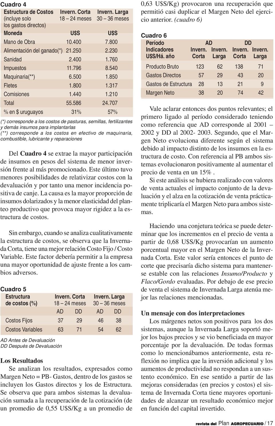 707 % en $ uruguayos 31% 57% (*) corresponde a los costos de pasturas, semillas, fertilizantes y demás insumos para implantarlas (**) corresponde a los costos en efectivo de maquinaria, combustible,