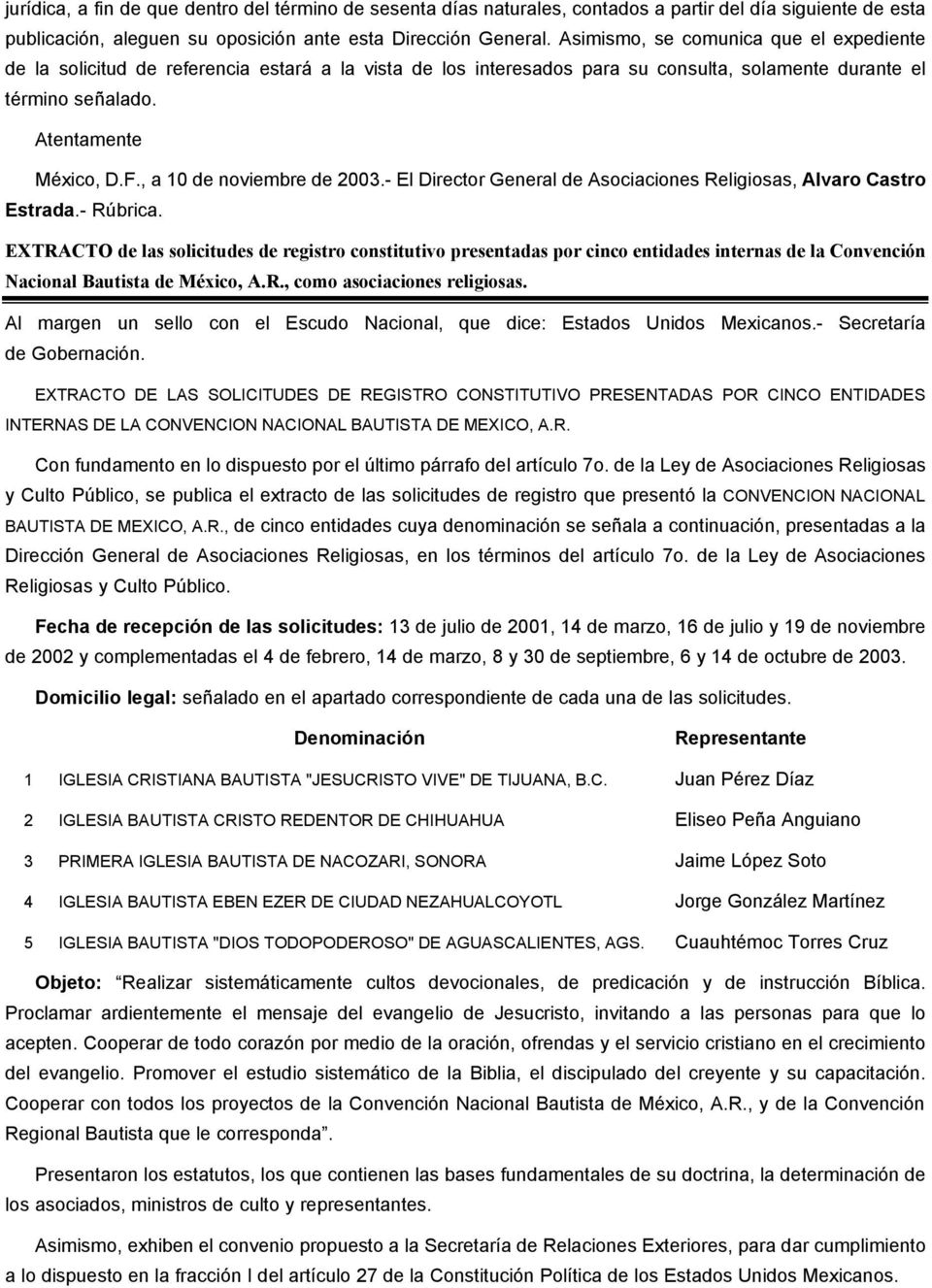 México, A.R., como asociaciones religiosas. EXTRACTO DE LAS SOLICITUDES DE REGISTRO CONSTITUTIVO PRESENTADAS POR CINCO ENTIDADES INTERNAS DE LA CONVENCION NACIONAL BAUTISTA DE MEXICO, A.R. y Culto Público, se publica el extracto de las solicitudes de registro que presentó la CONVENCION NACIONAL BAUTISTA DE MEXICO, A.