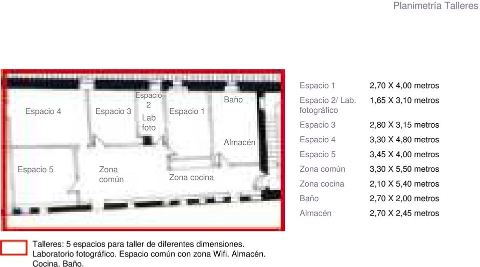 metros Espacio 5 Zona común Zona cocina Zona común Zona cocina 3,30 X 5,50 metros 2,10 X 5,40 metros Baño 2,70 X 2,00 metros