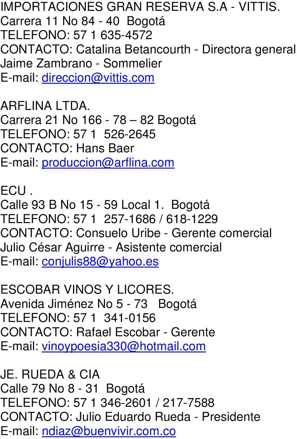 Bogotá TELEFONO: 57 1 257-1686 / 618-1229 CONTACTO: Consuelo Uribe - Gerente comercial Julio César Aguirre - Asistente comercial E-mail: conjulis88@yahoo.es ESCOBAR VINOS Y LICORES.